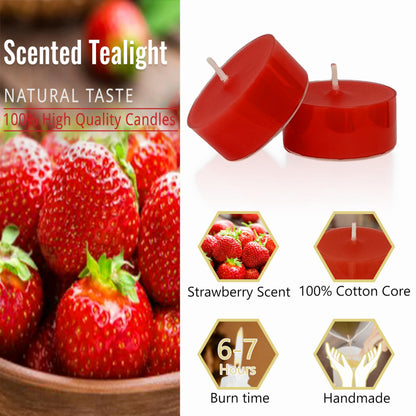 Tea Lights Red Tea Candles Set of 24 – Tealight Candles with Strawberry Scent, Long Burning Handmade Tealights for Wedding Meditation Home Decor Gift