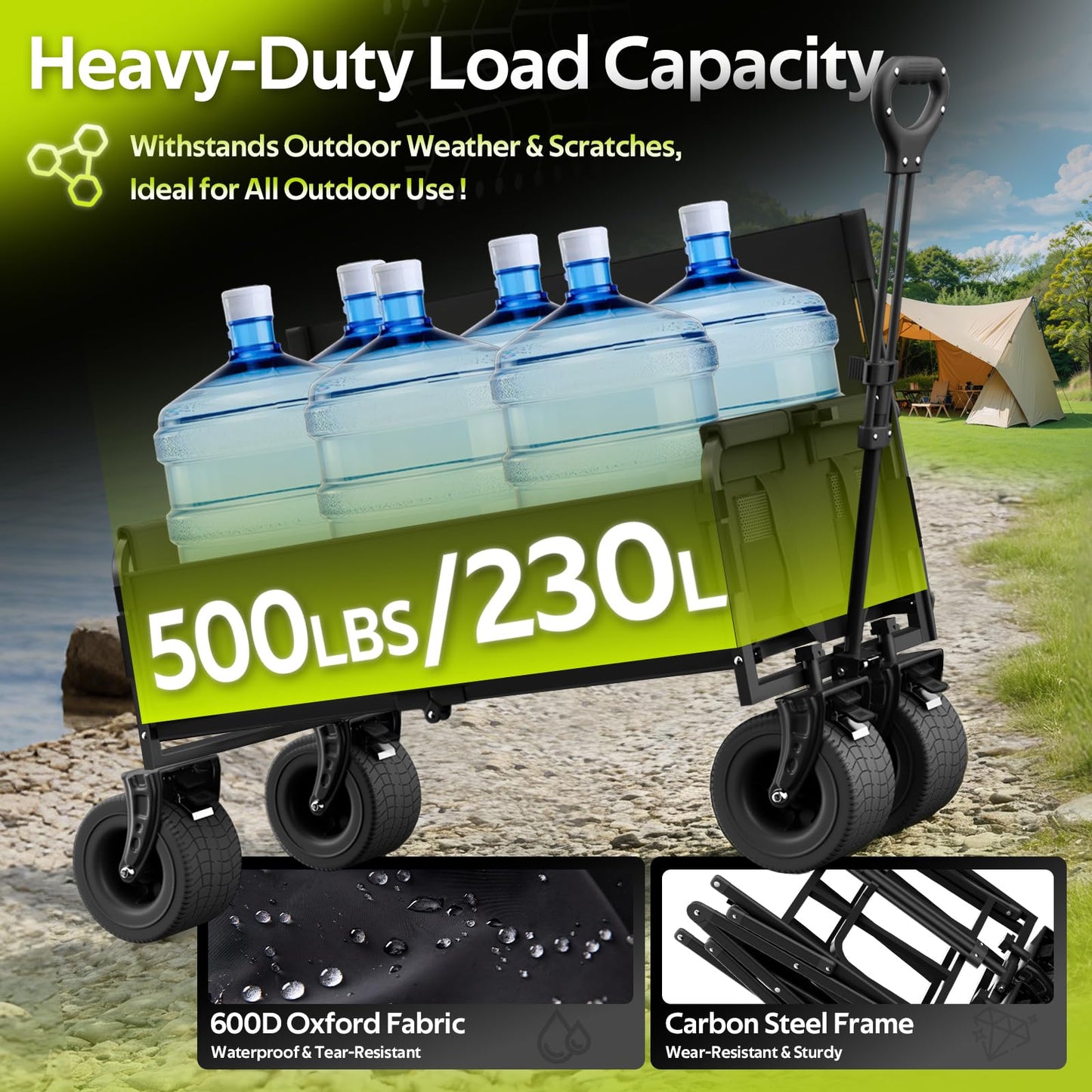 Beach Wagon with Seats, Heavy Duty Wagon Bench Seat Combo with Anti-Collapse Backbar, 2-in-1 Collapsible Lounge Cart for Sand Outdoor Camping, Carbon Steel 500lbs, Black