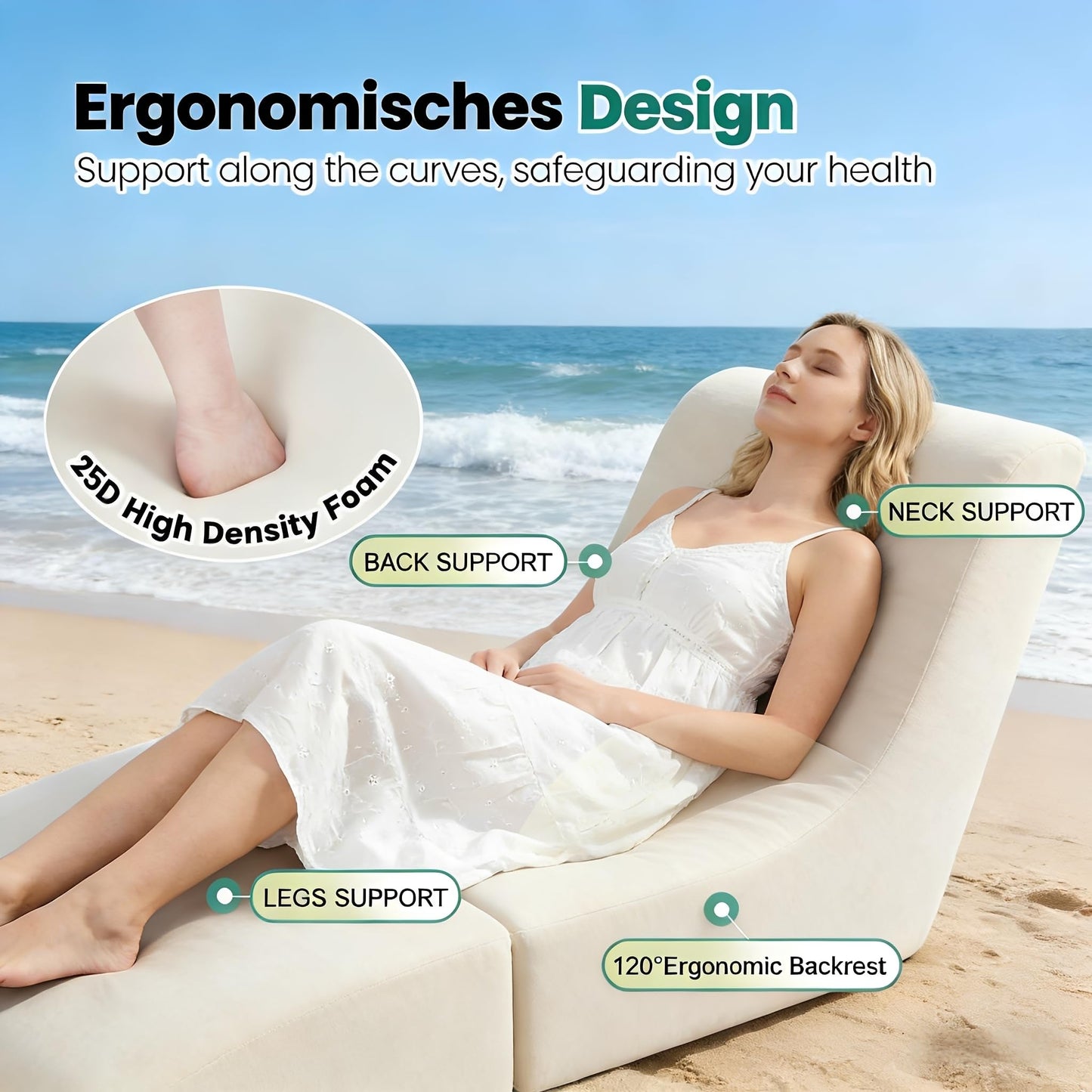 ZealWe Bean Bag Chair Set of 2 Outdoor Patio Lounge Chair with Back Support, Chaise Lounge Chair Waterproof Beach Bean Bag Couch for Adults, Memory Foam Filled for Poolside Balcony, Beige