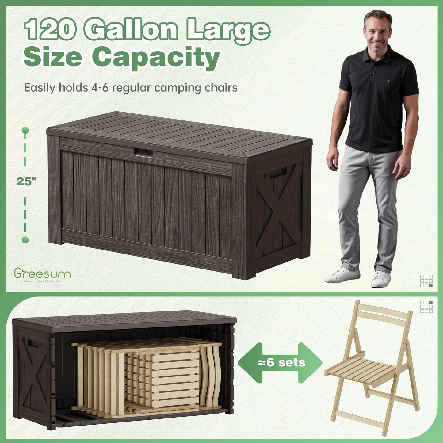 Greesum Outdoor Storage Box 120 Gallon Storage Bin with Lid for Patio Furniture, Garden Tools, Pool Supplies, Lockable, Waterproof and UV Resistant, Dark Brown