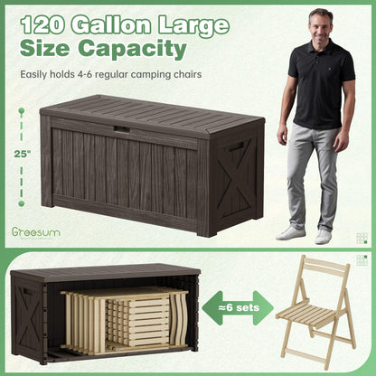 Greesum Outdoor Storage Box 120 Gallon Storage Bin with Lid for Patio Furniture, Garden Tools, Pool Supplies, Lockable, Waterproof and UV Resistant, Dark Brown