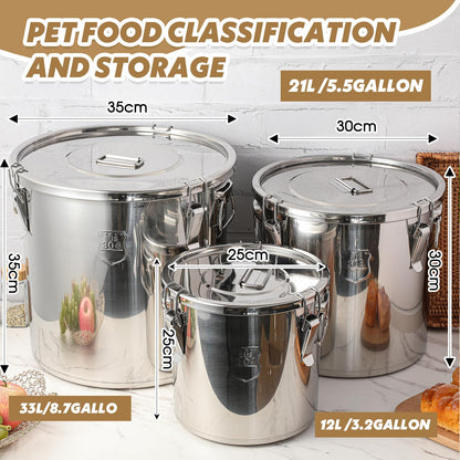 Suclain 3 Pack 3.2Gal/ 5.5Gal/ 8.7Gal 304 Stainless Steel Airtight Food Storage Containers with Locking Lids – Large Canisters for Dog Food, Flour, Rice, Coffee