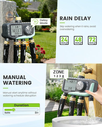 RAINPOINT 4-Zone Sprinkler Timer - Digital Watering System with Rain Delay & Manual Control for Garden Hose