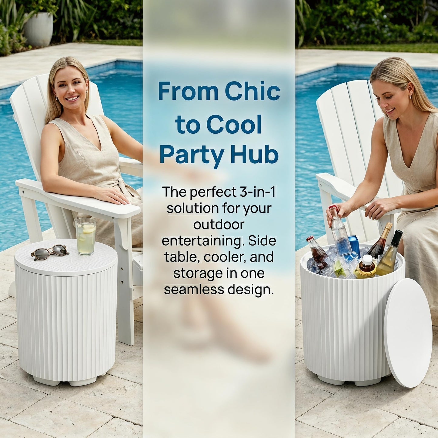 Zapdos 3-in-1 Outdoor Cooler Side Table, Portable Ice Chest Side Table, 16.65in Gallon Patio Ice Bucket, 330lbs Capacity, No Assembly, White, 2 Pack