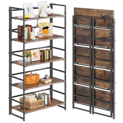4NM No Assembly 5 Tier Collapsible Book Shelves, 51.2" H x 23.6" W Folding Bookshelf Bookcase Open Industrial Foldable Shelf for Bedroom, Living Room, Home Office - Rustic Brown