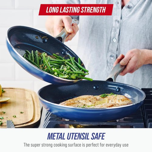 Blue Diamond Frying Pan Skillet Set - 9.5” & 11" Nonstick Ceramic, PFAS-Free, Durable & Scratch Resistant, Blue