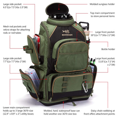 BASSDASH Fishing Tackle Backpack Water Resistant Tactical Bag Soft Tackle Box with Rod Holder and Protective Rain Cover