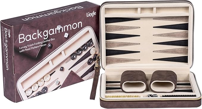 Backgammon Sets for Adults Classic Board Game with Folding Faux Leather Backgammon Case Portable Travel Backgammon Game Set (Brown)