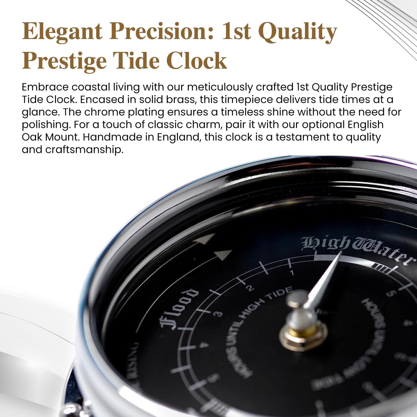 Tabic Prestige Tide Clock in Chrome with Jet Black Dial, Traditional Marine Tide Wall Clock, Ocean-Themed Nautical Clock for Beach Enthusiasts - Heavy Chrome Plated, Handcrafted in England