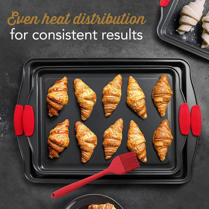 Skiennix Baking Sheet Set - 3-Piece Nonstick Cookie Sheets with Silicone Handles | Durable Steel Pans - Black