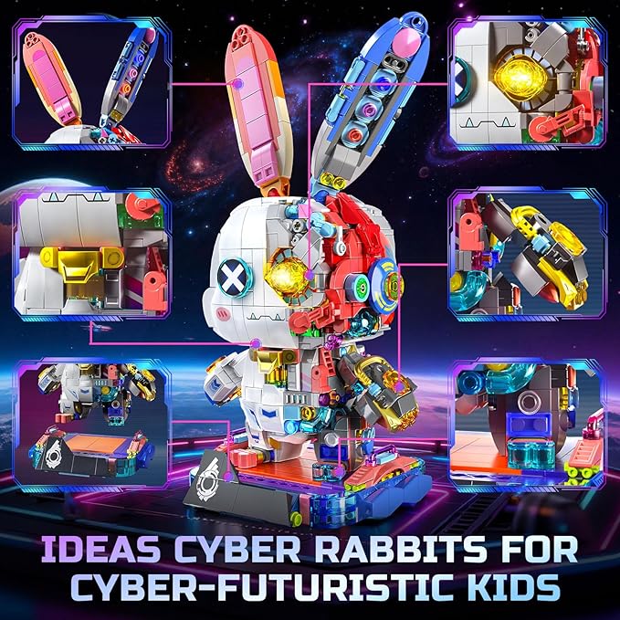 PIKARO Mechanical Bunny Rabbit Building Set for Boys Girls - Collection Animal Punk Style Toy Model Kit with LED Light Easter Halloween Birthdays Gift for Teens Kids Age 8 12 14（1377PCS）