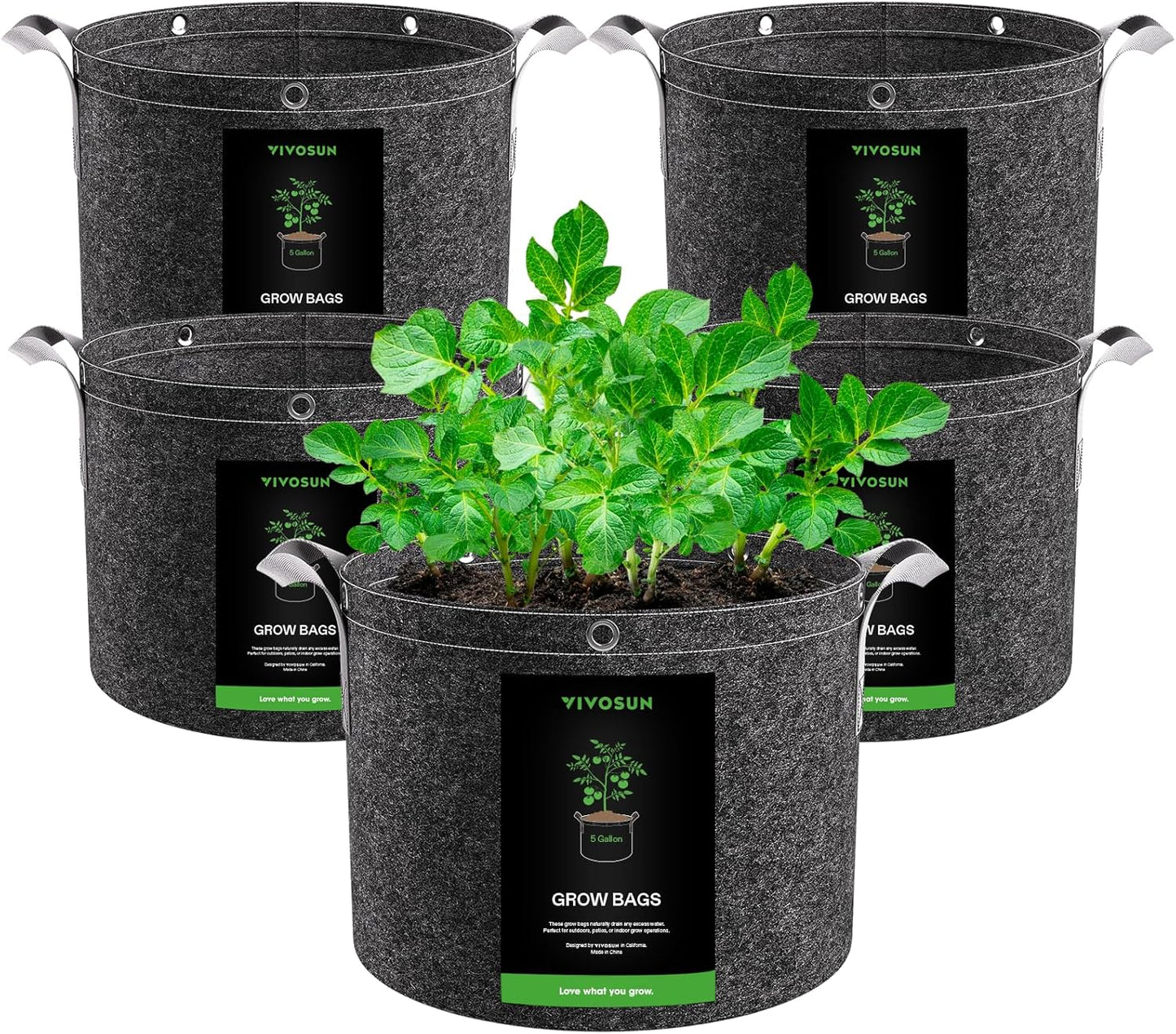 VIVOSUN 5-Pack 5 Gallon Grow Bags - Durable 500G Nonwoven Fabric Pots with Strap Handles for Plant Training