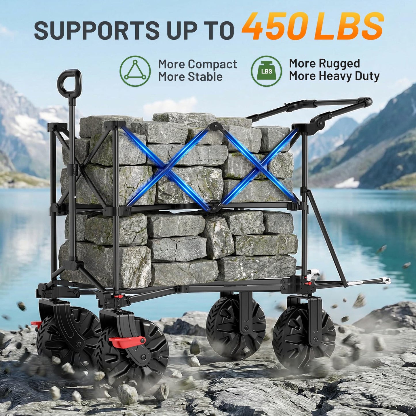 TIMBER RIDGE Push & Pull Double Decker Wagon, 400L Large Capacity Heavy Duty & 450lb Load, Collapsible Cart with All-Terrain Wheels & Brakes, 54” Extended Foldable for Sports, Beach, Camping, Grey