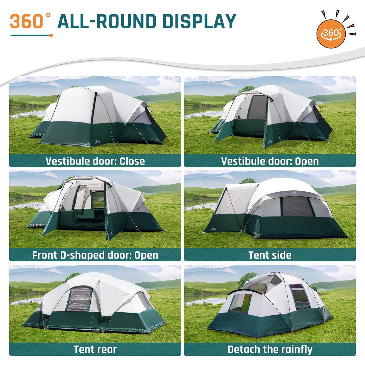 11 Person Camping Tent with Porch, Large Family Tents for Camping, PU1000MM Waterproof Tent with 5 Mesh Windows, Removable Rainfly, Reflective Windproof Rope, Big Dome Tent Fits 3 Queen Airbeds