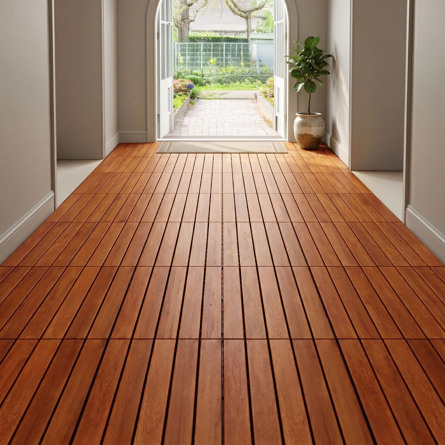 Megsu Wood Interlocking Deck Tiles - 12"x12" Indoor & Outdoor Flooring Tiles for Balcony, Backyard & Poolside, Weather & UV Resistant (Natural - Striped Pattern, 27 Pcs - 27 Square Ft)