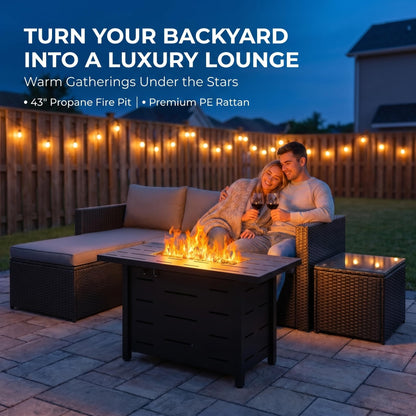 SUNLEI 4-Piece Patio Furniture Set with 43" Propane Fire Pit Table, Outdoor Wicker Sectional Sofa Set, All-Weather Conversation Set for Backyard, Poolside, Garden, Grey Cushions