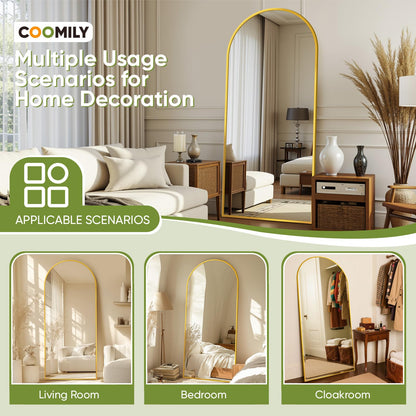 Coomily Full-Length Floor Mirror with Stand, 71"x28" Arched Style Full Body Standing Mirror for Bedroom, Living Room, Gym, Dorm - Shatter-Resistant & Easy Assembly, Gold