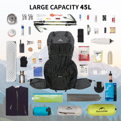 Naturehike 45L Rock 2.0 Upgraded Internal Frame Hiking Backpack for Outdoor Camping Travel Backpacking, Ultralight with Rain Cover Backpack for Adults(Black/L/45L)
