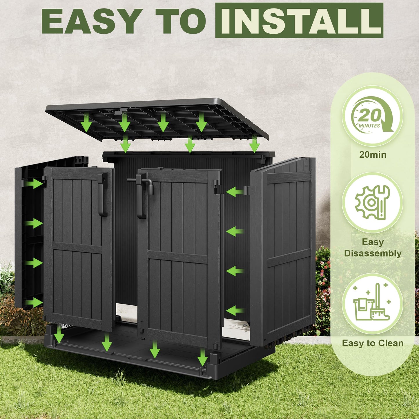 WTFGO 36 Cu Ft Resin Outdoor Storage Shed, Weatherproof Horizontal Outdoor Storage Cabinet with Dual Lock Door for Backyard, Patio, Garage, Garden(Black)