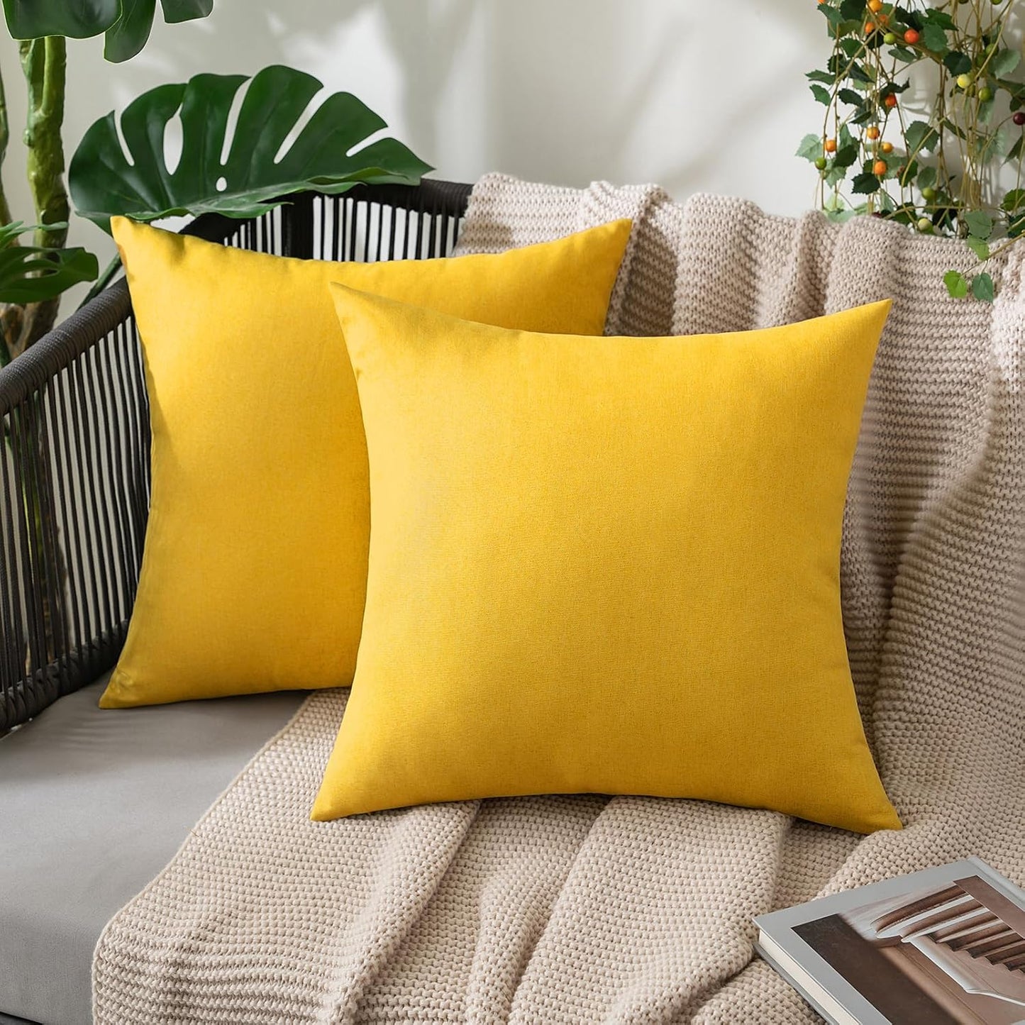 MIULEE Decorative Outdoor Throw Pillow Covers - Waterproof Faux Linen Cushion Cases | 16x16 Inch Mustard Yellow (Pack of 2)