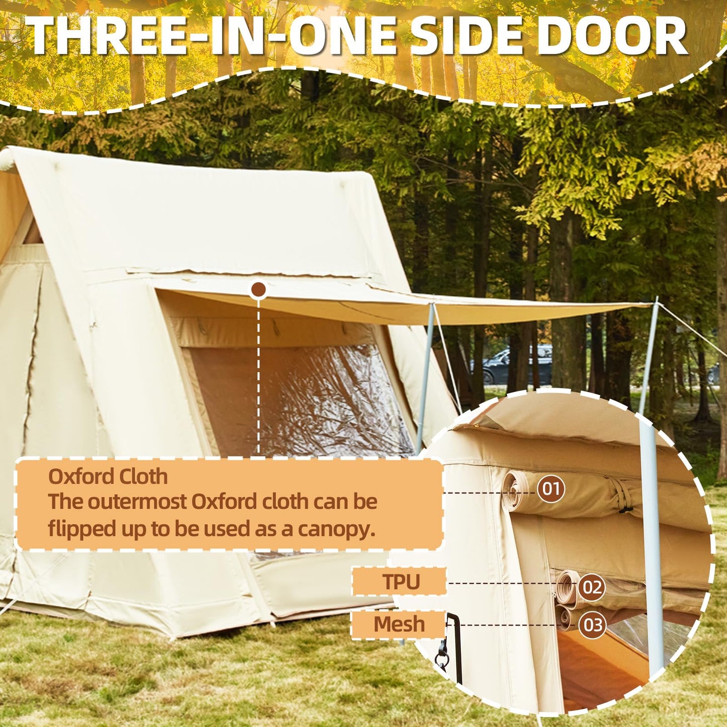 YOLENY 136 Sqft 8-10 People Inflatable Camping Tent with 4 Doors, Versatile Side Wall, Up to 8.7 Ft, 600D Oxford Cloth, AC Port, Stove Jack, Hand Pump, 4 Seasons