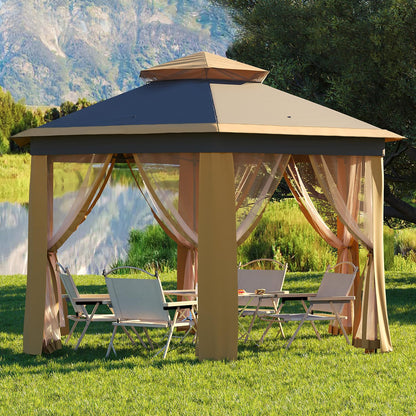 Garvee Pop Up Gazebo Screen Tent, Hexagonal Instant Gazebo Tents with Mosquito Netting Outdoor Canopy, 6 Sided Sun Shelter 13x13 ft with Mesh Netting, Pavilion Tent for Patio, Khaki+Beige