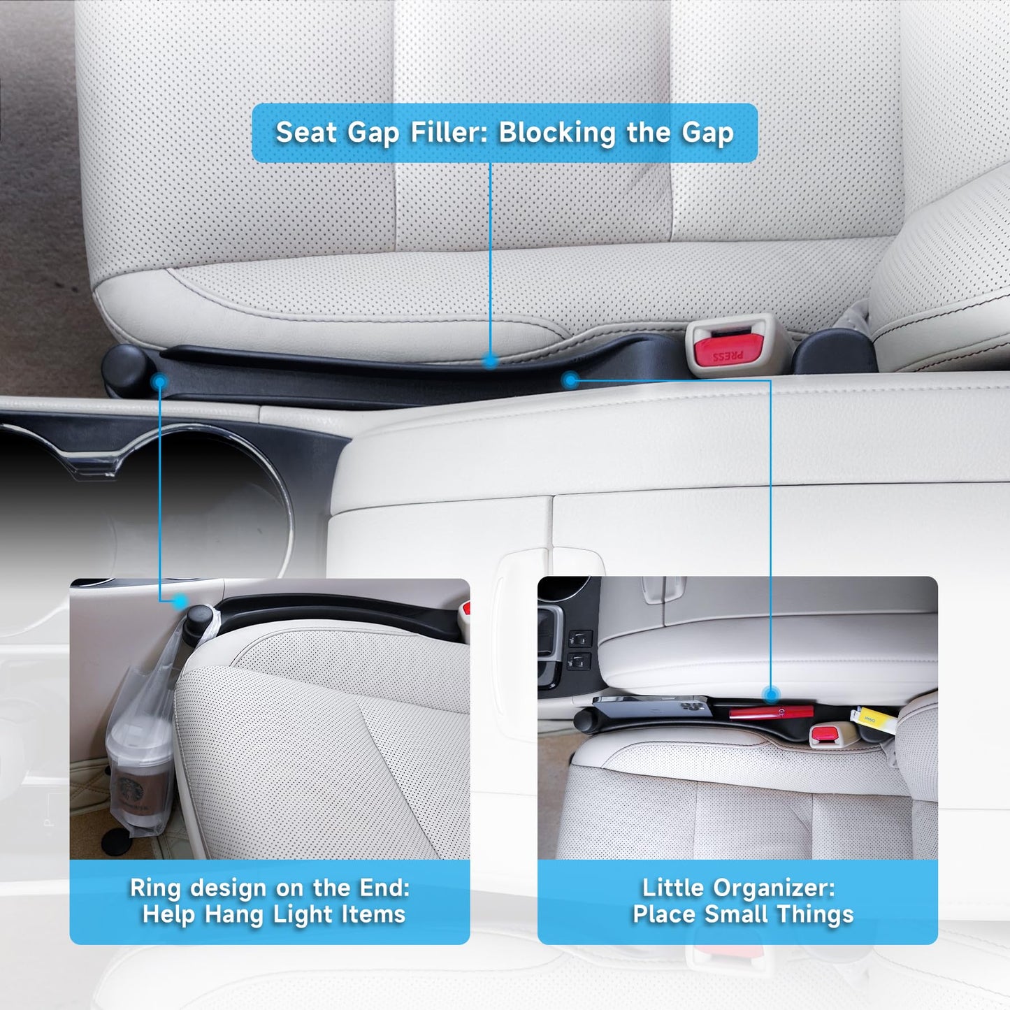 Car Seat Gap Filler Set of 2, 3IN1 Seat Side Gap Filler Plug with Storage Slot & Hook Function, Soft Foam Universal Fit Car SUV Truck Fill Gap Between Seats Console Organizer（Narrow Black）