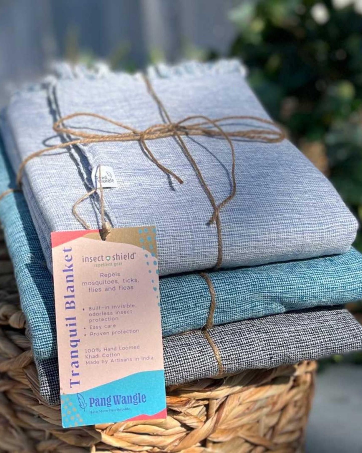 Pang Wangle Bug Repellent Tranquil Blanket with Insect Shield Technology Repels Mosquitoes, Ticks, Flies and More in One of a Kind Handmade Khadi Cotton (Black)