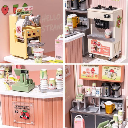 Rolife LED Building Blocks for Adults1:24 Toy Building SetsModel Building Kits for Kids Ages 8-12-15DIY Miniature Dollhouse Kits for AdultsHobbies for Women Men (4.Double Joy Bubble Tea)