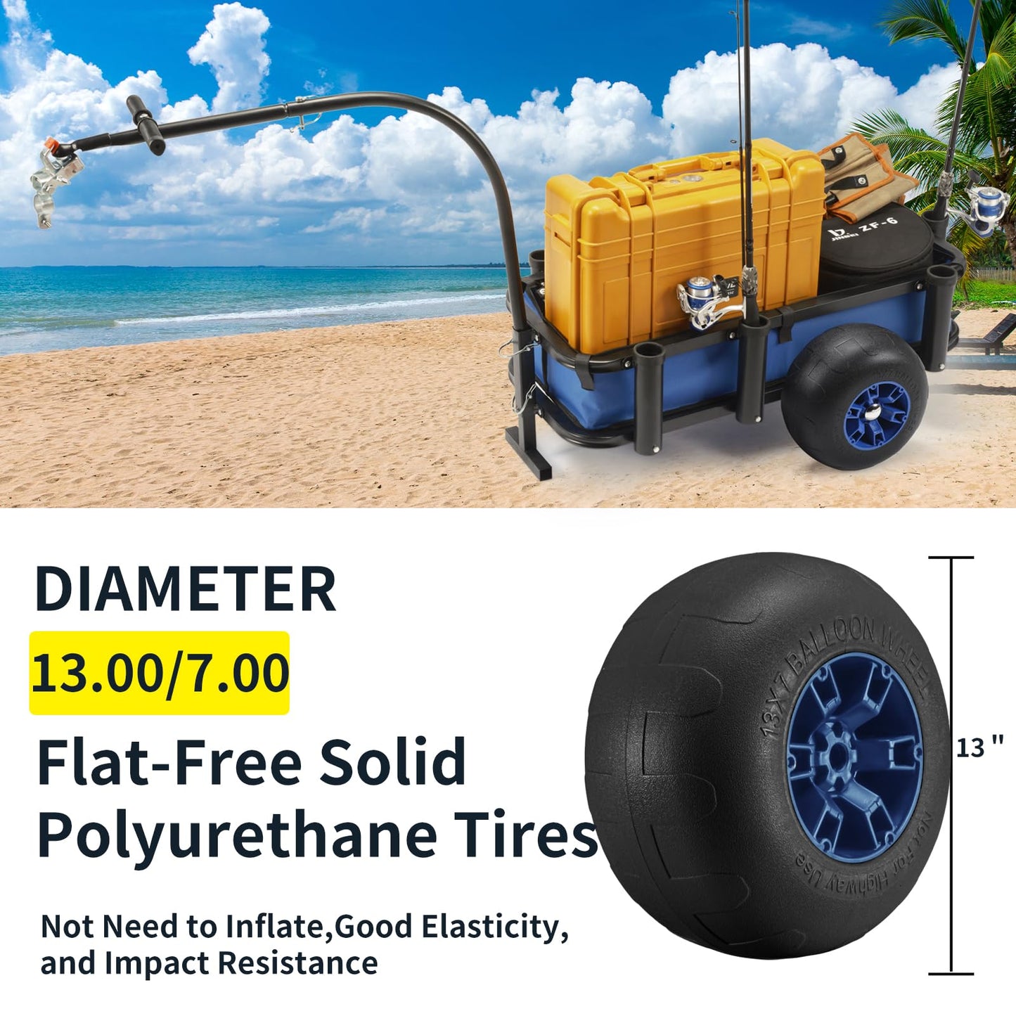 ONECHOI Beach Fishing Cart, 13" Big Wheels Black PU Solid Balloon Tires for Sand, Fishing Wagon Cart Large Capacity with 32-1/4" L x 16" W Liner and PP Plate, Heavy Duty Surf Cart w/Bicycle Hitch
