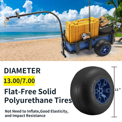 ONECHOI Beach Fishing Cart, 13" Big Wheels Black PU Solid Balloon Tires for Sand, Fishing Wagon Cart Large Capacity with 32-1/4" L x 16" W Liner and PP Plate, Heavy Duty Surf Cart w/Bicycle Hitch