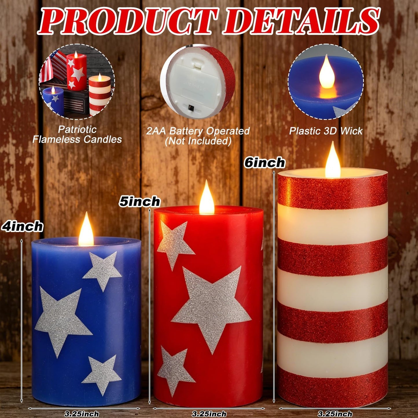 LCZLUMIPRO Set of 3 Patriotic Flameless Candles, Red White and Blue Battery Operated Pillar Candles, Patriotic Candles for 4th of July Independence Day Home Decor