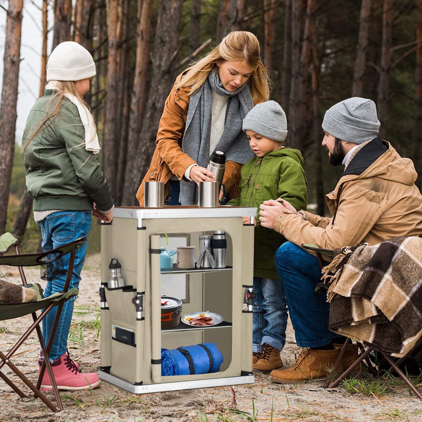 EAGLE PEAK Outdoor Folding Camping Table with Large 3-Tier Storage Organizer and Side Pockets, Easy Set Up Portable Aluminum Camping Kitchen, Beige