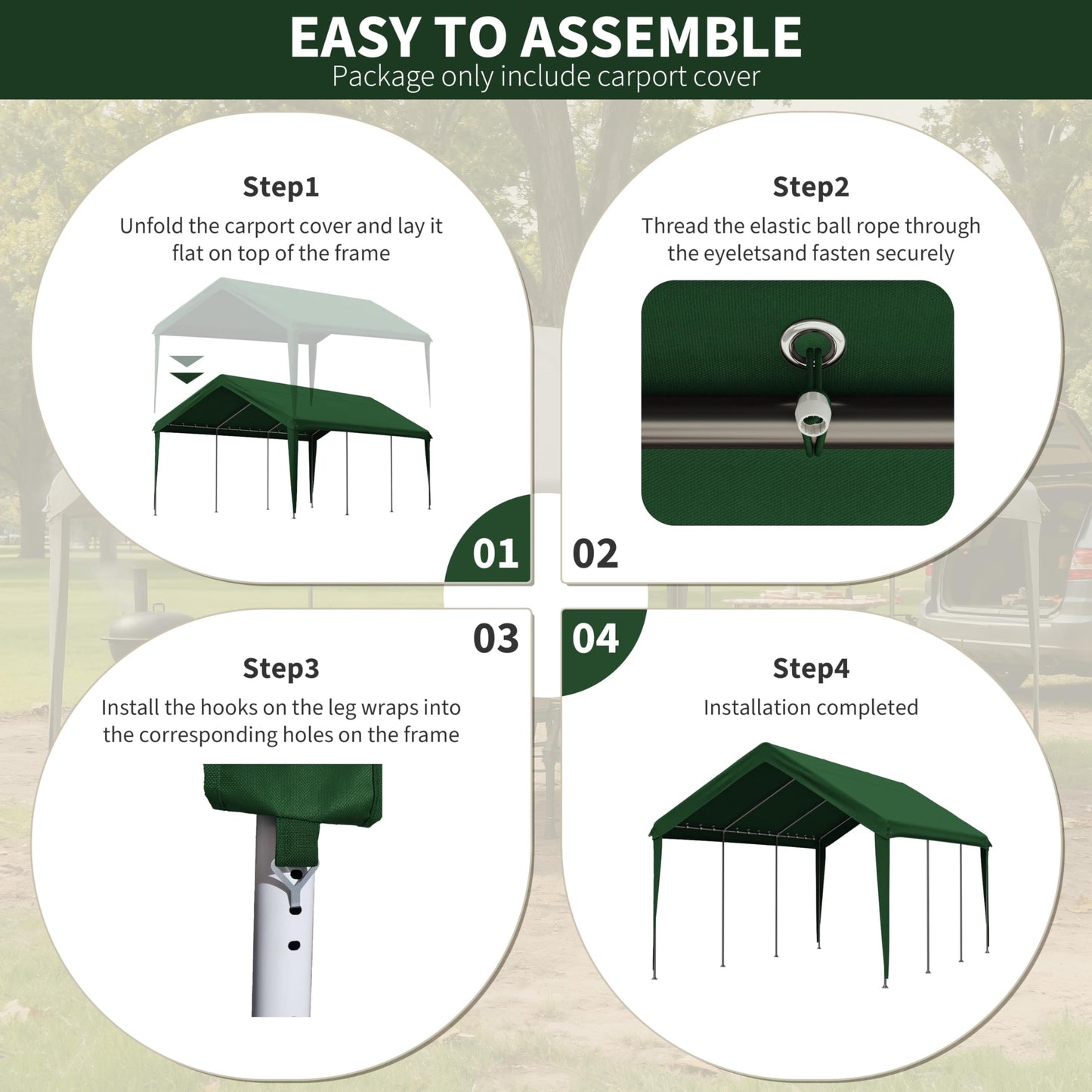 Pakunoda Carport Replacement Canopy Cover 10'x20' for Tent Top Garage Shelter Cover, 800D Heavy Duty Oxford Waterproof & UV Protected Car Canopy Tarp with Ball Bungees (Frame is not Included)