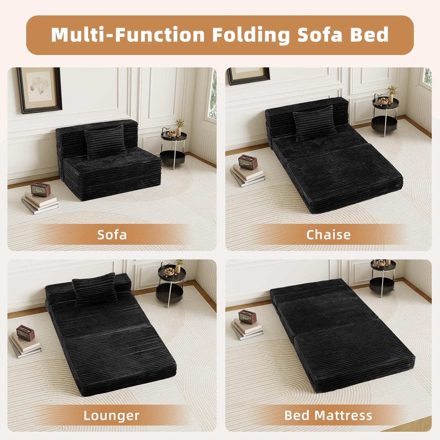 GEMBED Folding Sofa Bed Queen - 4 in 1 Convertible Foldable Sleeper Chair with Pillow, Fold Out Couch, High-Density Foam Floor Mattress, Space-Saving Futon for Living Dorm Guest Room and Office, Black