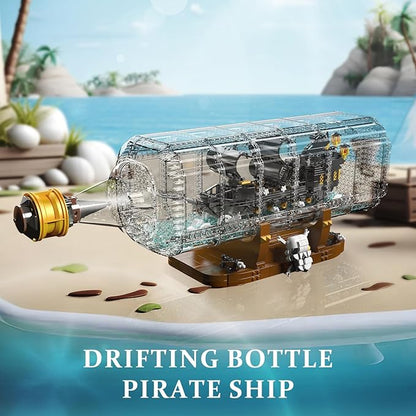 Mould King 10065 Drift Bottle with Black Pearl Ship Building Blocks Set Pirate Ship in Bottle Model Building Kit with Display Stand Toy for Age 14+/Adults(2206 Pieces)-Black Pearl Ship