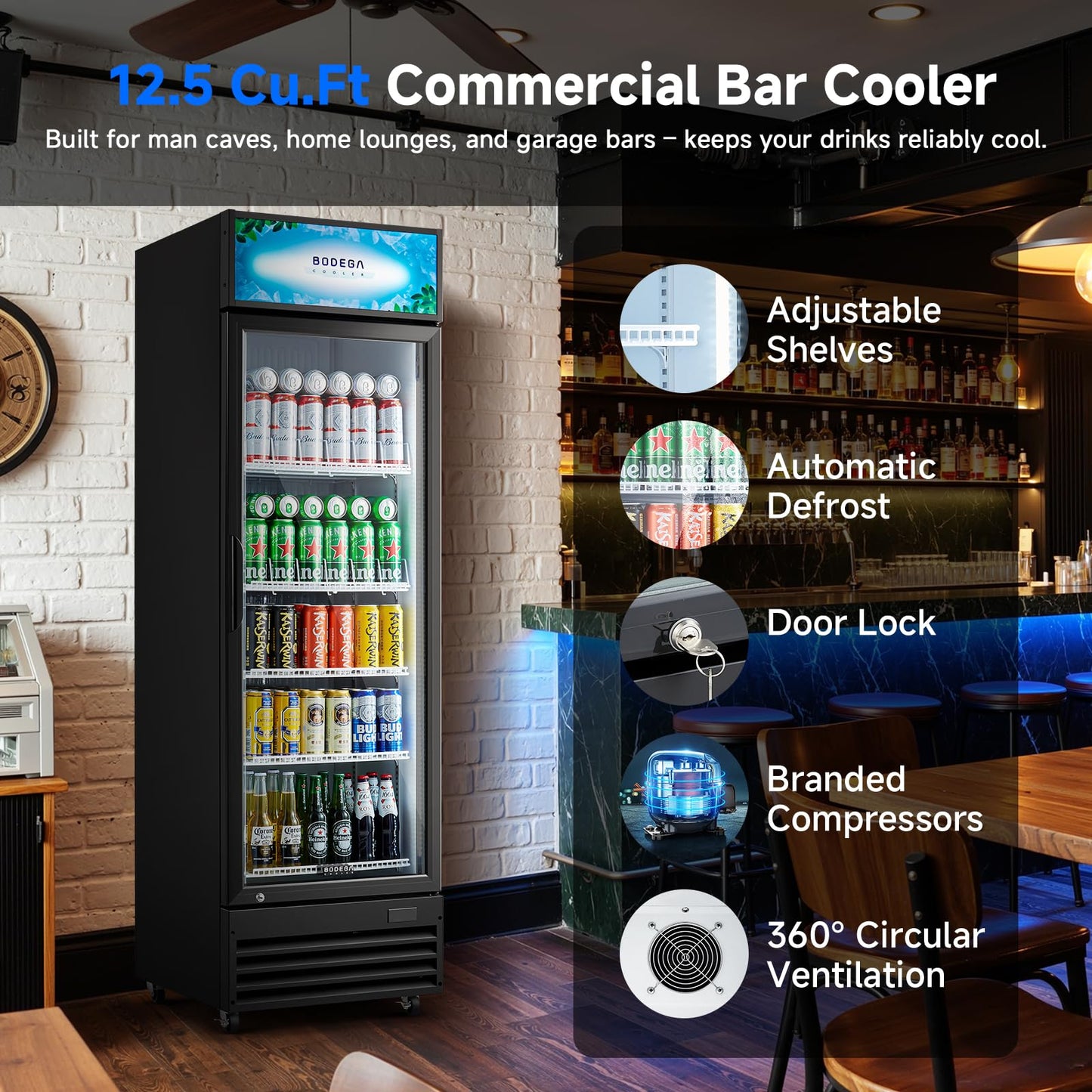 BODEGACOOLER Commercial Beverage Refrigerator, 12.5 Cu. Ft Black Commercial Merchandiser Refrigerator, LED Light/Adjustable Shelves,Upright Large Display Refrigerator For kitchen/Office/Home/Garage.