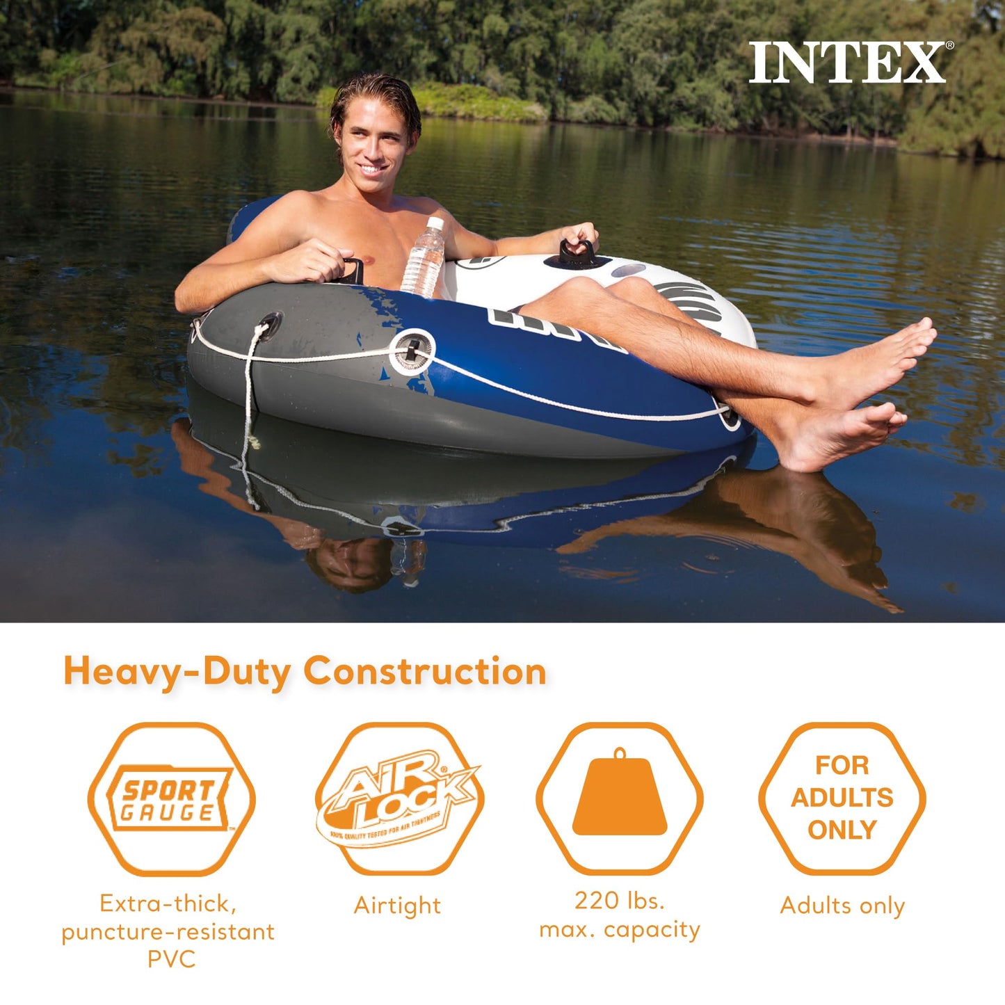 Intex River Run 1 53'' Inflatable Floating Water Tube Lake Raft with Heavy-Duty Handles, Backrest and Cupholders for Lake, River, n(6 Pack)