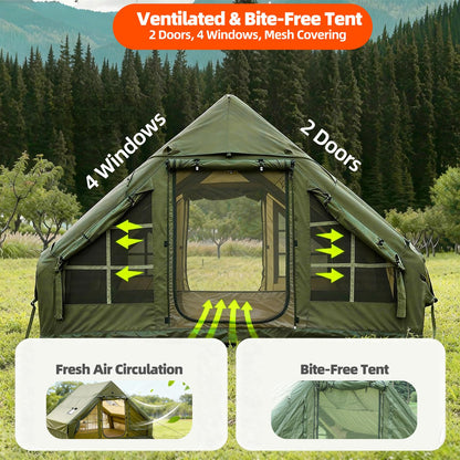 Inflatable Camping Tent, Glamping Blow Up Tent with Hand Pump for All-Season, 3 Mins Easy Setup, Waterproof Tens with Mesh Window for 4-6 Person, Suit for Family, Friend, Camp, Outdoor Gathering