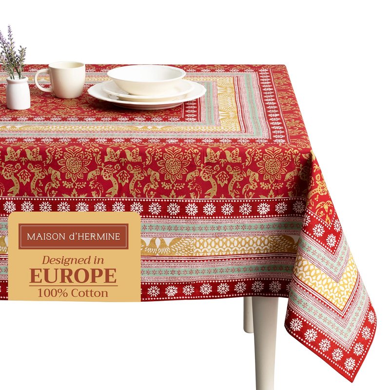 Maison d' Hermine Table Cloth Square Table 100% Cotton 60 x 60 Inches Fall Tablecloth Reusable Everyday Use for Thanksgiving Christmas Decorations Dining Farmhouse Party (Sofia)