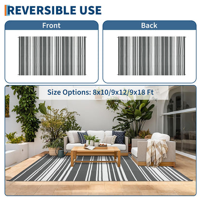 GarveeHome Outdoor Rug Mat for Patio, 9x18 Plastic Straw Rug, Modern Striped Outdoor Camping Rugs for Patio, RV, Porch, Deck, Backyard, Balcony, Camping, Trailer (Grey)
