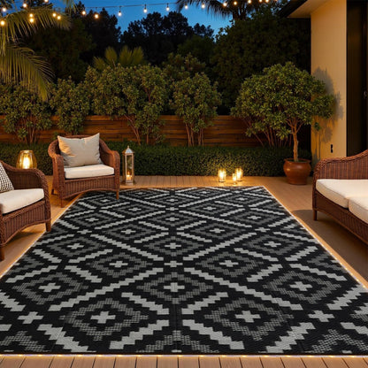 YONILE 9x12 ft Outdoor Rug Waterproof for Patio with LED Light,Large Outdoor Plastic Straw Rug,Reversible Plastic Area Rugs Mat Outside Carpet for RV, Deck, Porch, Picnic, Beach, Balcony