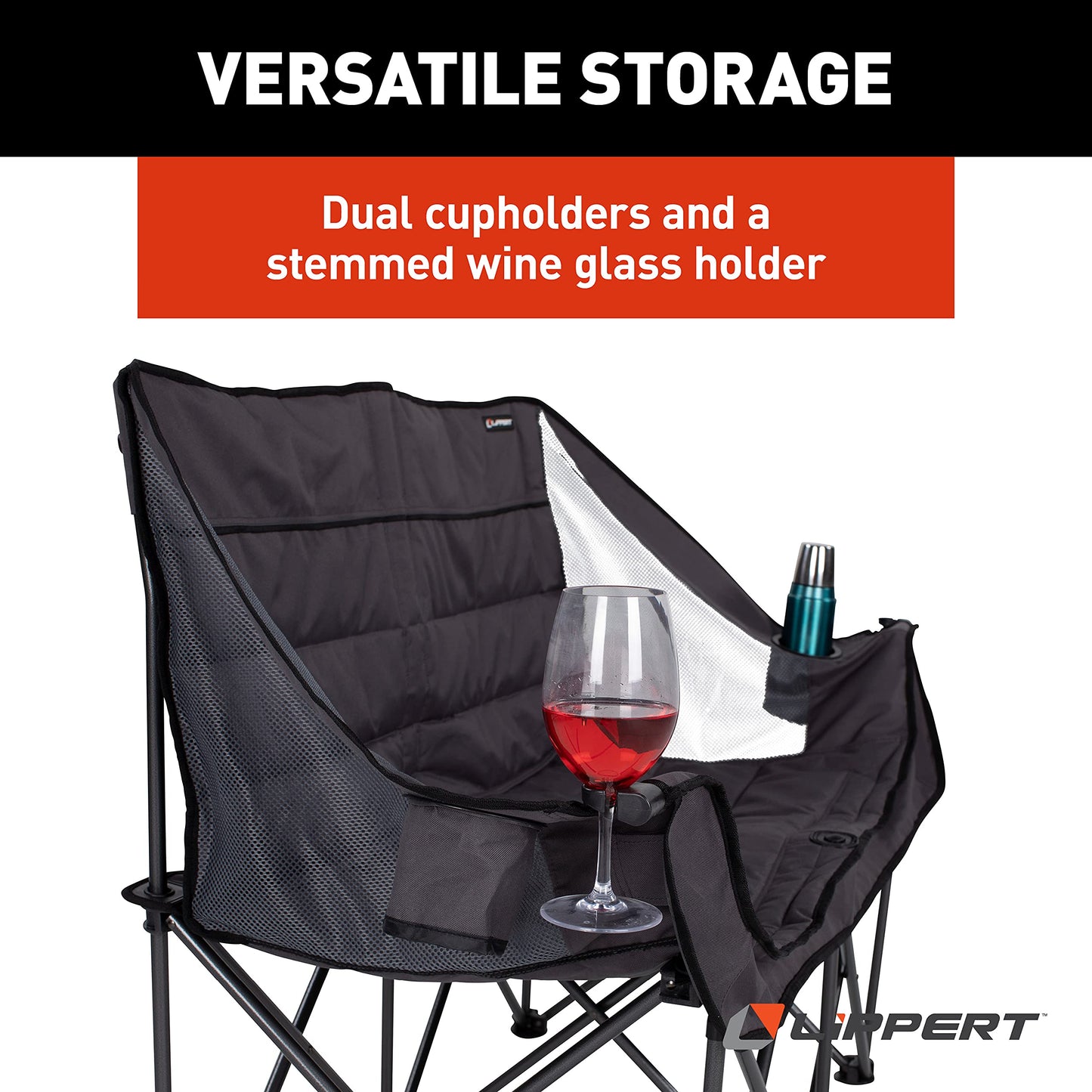 Lippert Campfire Folding Loveseat with 500-lb. Weight Capacity, Carry Bag, Durable Mesh Fabrics, High-Loft Cushioning, Storage Pocket, Dual Cupholders, Stemmed Wine Glass Holder (Grey) - 2021000206