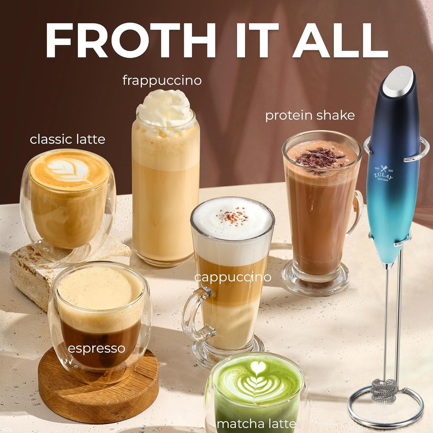 Zulay Kitchen Tornado Triple Whisk Milk Frother - Handheld Foam Maker for Coffee & Lattes | Includes 4 Duracell Batteries - Sea Depth