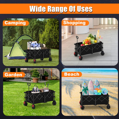 41" L Collapsible Large Wagon Cart Foldable, 460LB Weight Capacity 220L Heavy Duty Folding Beach Wagons with Big All-Terrain Wheels, Utility Carts for Camping, Garden, Shopping, Sports, Black