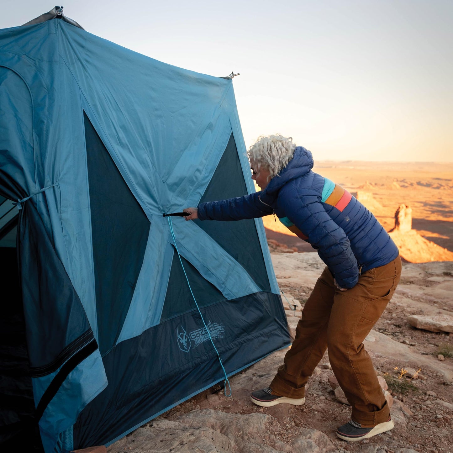 Gazelle Tents™ T-Hex Hub Tent Overland Edition, Easy 90 Second Set-Up, Waterproof, UV Resistant, TriTech Mesh, Removable Floor, All-Terrain Stakes, Duffle Bag, 7-Person, Pacific Blue, 85”x 144”x 136”