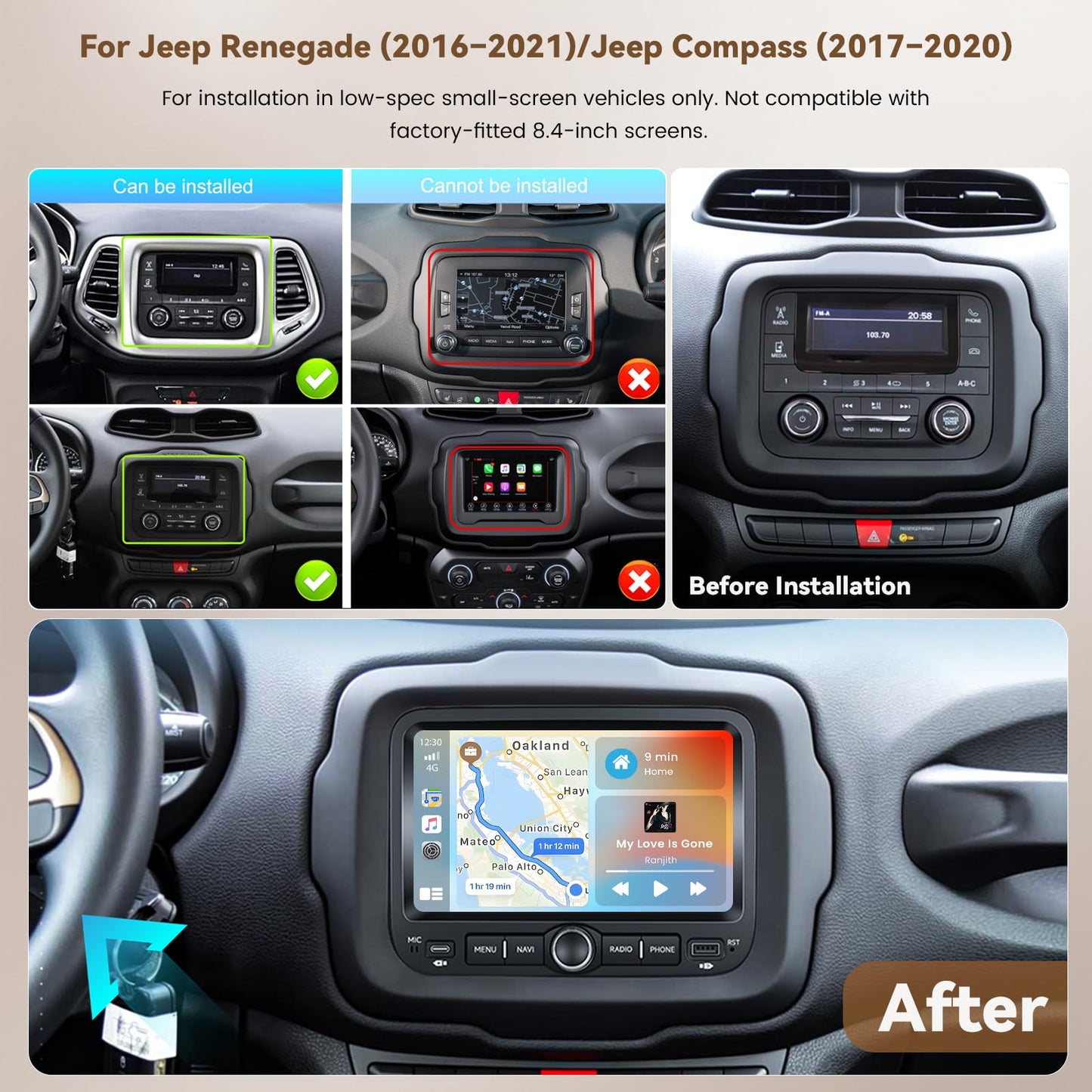 [4+128G] Hikity Android 15 Car Stereo for Jeep Renegade 2016-2021/Jeep Compass 2017-2020, 7'' in-Cell Touchscreen Radio Wireless Carplay Android Auto WiFi/BT/Mirror Link GPS SWC FM/EQ Backup Cam+Mic