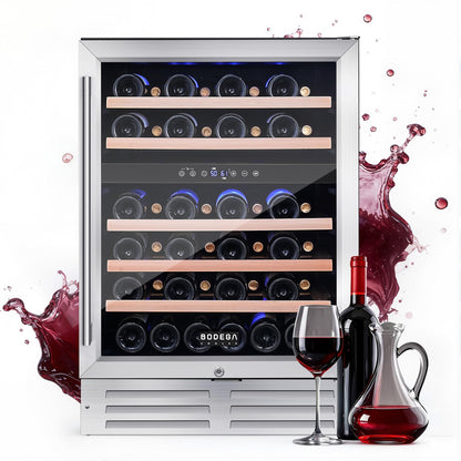 BODEGA 24 Inch Dual Zone Wine Fridge, 46 Bottle Built-in Wine Cooler with Compressor Cooling, Double-Layer UV Glass Door, Digital Thermostat & ≤35dB Quiet – Freestanding Fridge for Home Kitchen Bar