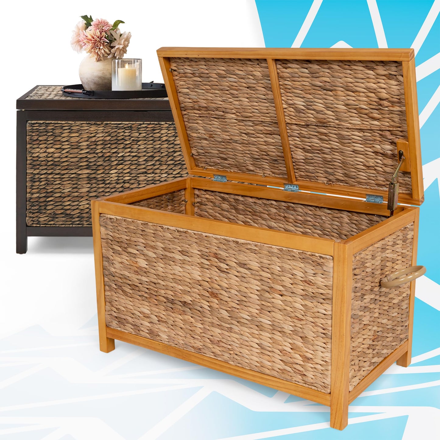 ClickDecor Wilson Wicker Storage Trunk with Lid, 30 Inch Handwoven Water Hyacinth Storage Chest with Acacia Wood Frame, Farmhouse Blanket Basket for Living Room, Bedroom or Entryway, Natural Brown
