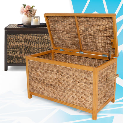 ClickDecor Wilson Wicker Storage Trunk with Lid, 30 Inch Handwoven Water Hyacinth Storage Chest with Acacia Wood Frame, Farmhouse Blanket Basket for Living Room, Bedroom or Entryway, Natural Brown